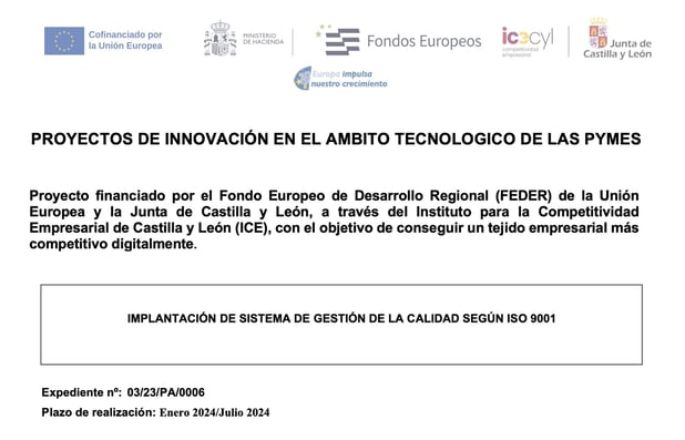 Subvención concedida (Implantación de un Sistema de Gestión de la Calidad según ISO 9001)